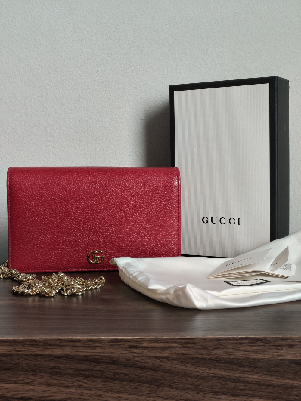 Used Once - Gucci Red GG Marmont Chain Wallet